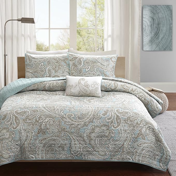 Madison Park Pure Ronan 100% Cotton Quilt Set-Casual Paisley Design All Season - Image 2
