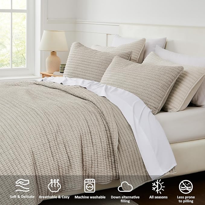 WDCOZY Taupe King Size Pick Stitch Quilt Set, 3 Pieces 104x90 inches | Striped - Image 3