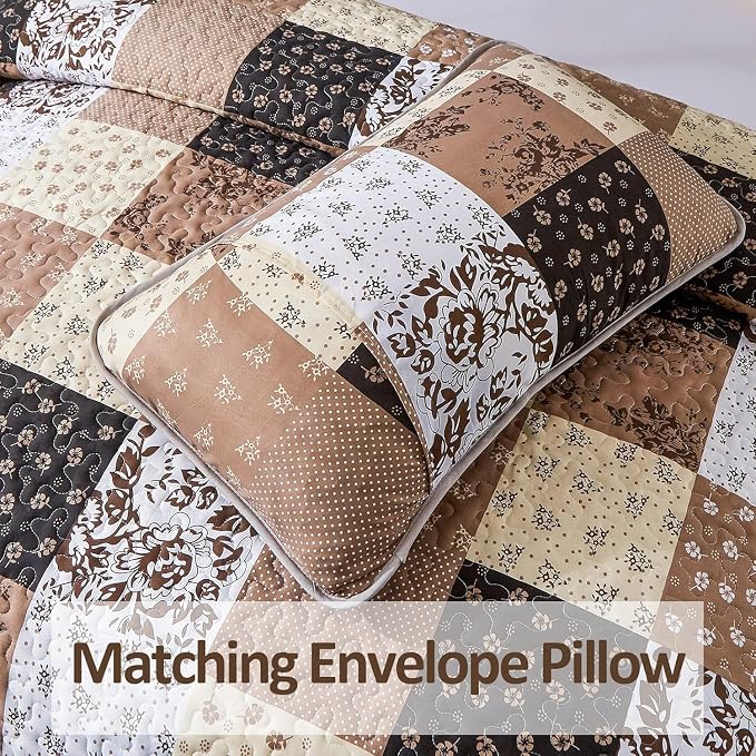 Mybedsoul Brown Quilt Set Twin Size Dorm Bedding, 2 Pieces Plaid Floral - Image 4