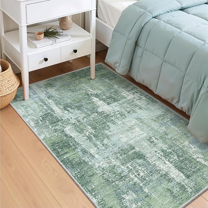 4x6 Area Rug, Abstract Small Washable Bedroom Rug, Sage Green | Soft & - Image 3