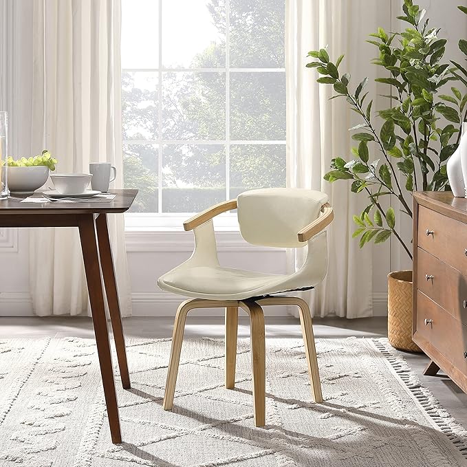 Art Leon Desk Chair No Wheels, Mid Century Modern Swivel Accent Chair, Faux Leather Home Office Desk Chair for Small Spaces Living Room Bedroom, Off White
