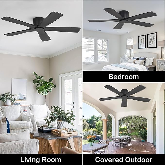 WINGBO 54" Flush Mount DC Ceiling Fans Without Lights, 5 Carved Solid Wood Blades, 6-Speed Reversible DC Motor, Low Profile Hugger Ceiling Fan No Lights for Living Room Bedroom Patio, Matte Black