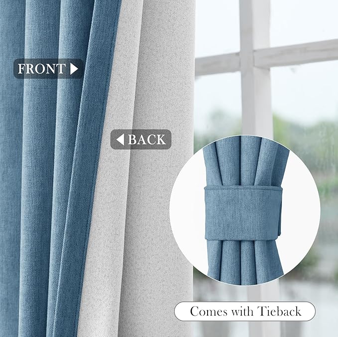 Macochico 100% Blackout Chenille Curtains for Sliding Door Thermal Insulated Noise Reducing Drapery for Living Room Bedroom Hotel, Grommet Curtains with Tieback, Ashtray Blue, 120" Wx96 L 1 Panel