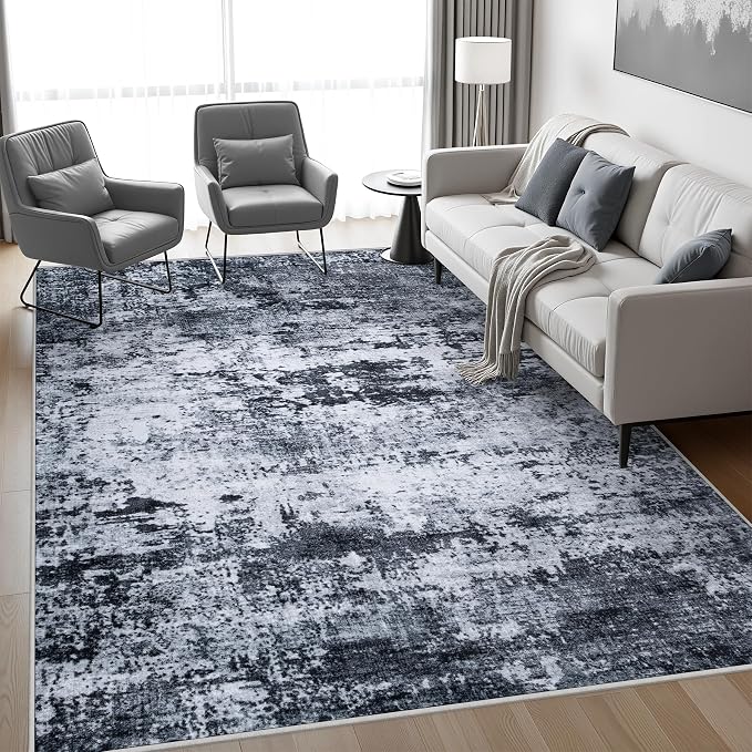 Area Rug Living Room: 4x6 Modern Washable Indoor Carpet Black | - Image 3