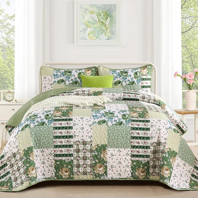 Anibedding Patchwork Quilt Set King Size, Sage Green Floral Plaid Bedspread | 3 by Anibedding