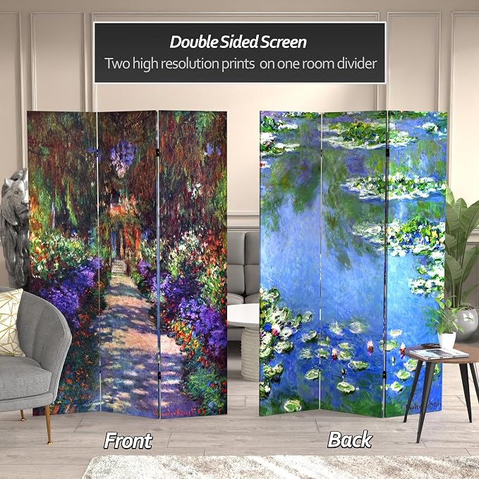 Red Lantern Double Sided Works of Monet Canvas Folding Screen - Image 2
