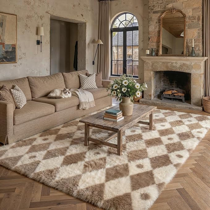 Brown 9x12 Area Rug for Living Room Soft Checkered Shag Carpet | Machine - Image 3