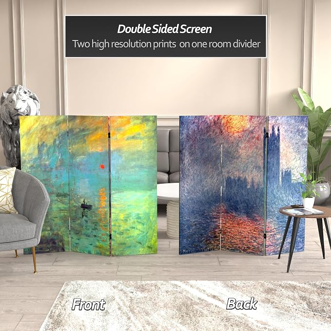 Red Lantern Double Sided Works of Monet Canvas Folding Screen - Image 2