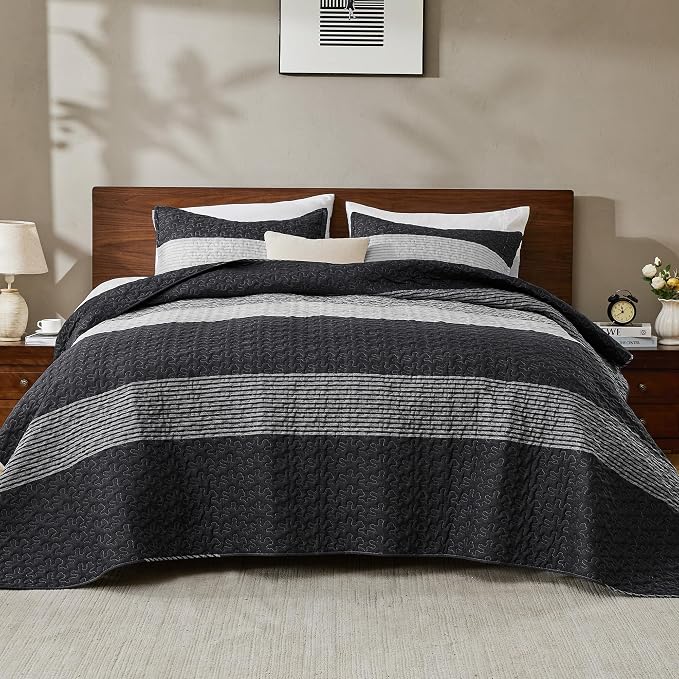 Oversized Queen Quilt Set, 3 Pieces Black White Stripe Coverlet | 98 x 98 Inch - Image 3