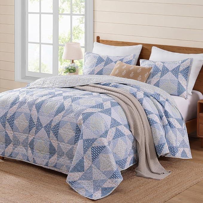King Quilt Set-3 Pieces Soft Bedding Lightweight Floral Patchwork Coverlet | - Image 7