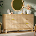 Fluted Dresser with 6 Drawers, 54" Wide Modern Chest of Drawers with Metal Handle, Wooden Dresser TV Stand, Wood Closet Clothes Storage Organizer for Bedroom, Living Room, Hallway, Natural Oak