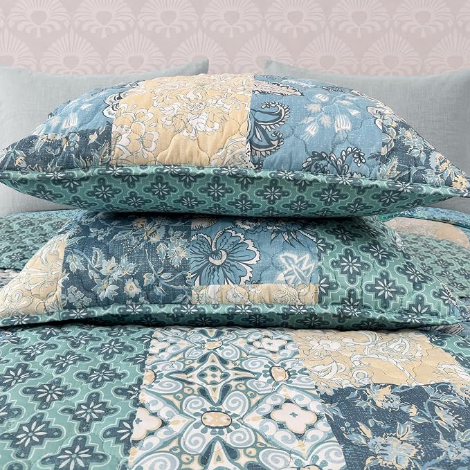 Queen Quilt Set-3 Pieces Soft Bedding Lightweight Floral Patchwork Coverlet | - Image 5