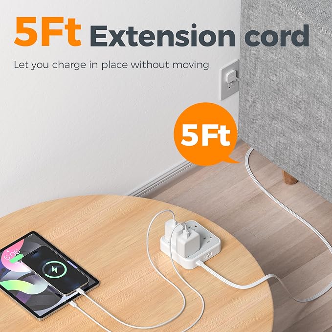 TESSAN Flat Extension Cord 5Ft, Flat Plug Power Strip - Image 3