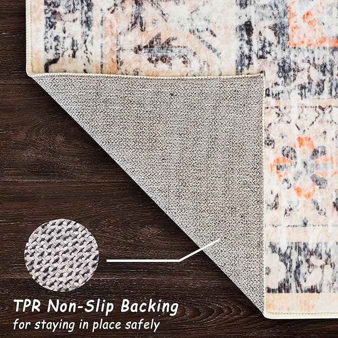 3x5 Rug, Small Area Rug for Living Room, Bedroom, Kitchen, Machine Washable Non-Slip Throw Rug, Vintage Distressed Floral Carpet for Entryway Nursery Dinner Room, Orange