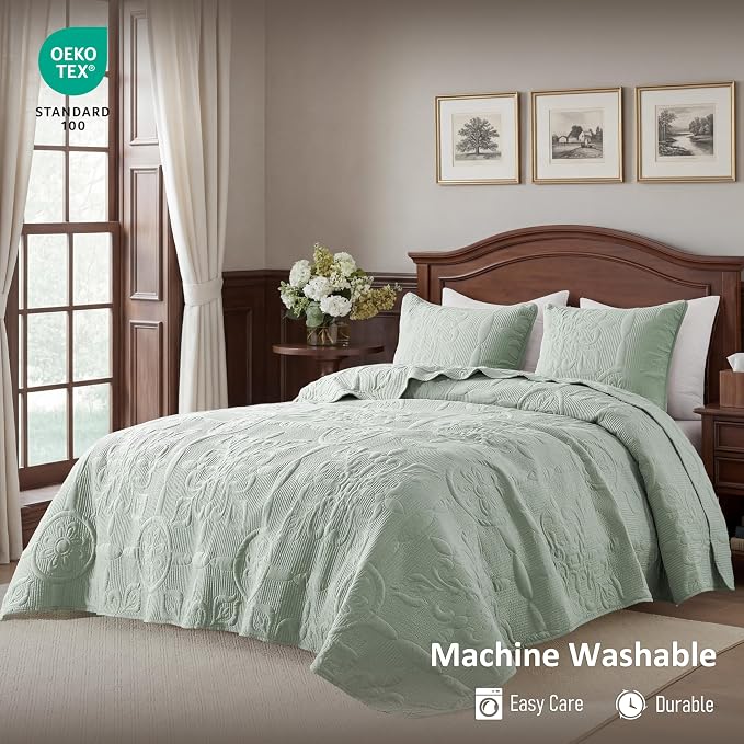 B2EVER Sage Green Damask Quilt Twin Size Bedding Sets - Image 2
