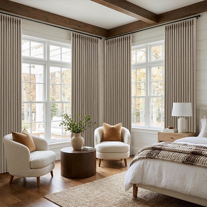 Deep Flax Pinch Pleated Blackout 102 Inch Bedroom Curtains Dual Layer | - Image 8