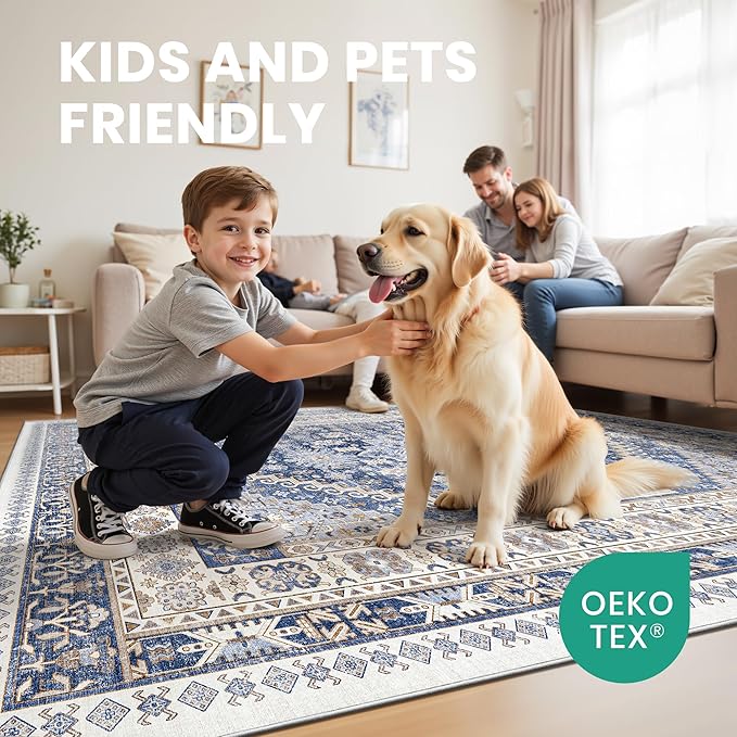 zesthome 10x12 Area Rugs,Stain Resistant Washable Rug,Ultra-Thin Rugs for Living Room,Bedroom,Non-Slip Backing Home Decor Large Area Rug (Blue/Beige,10'x12')