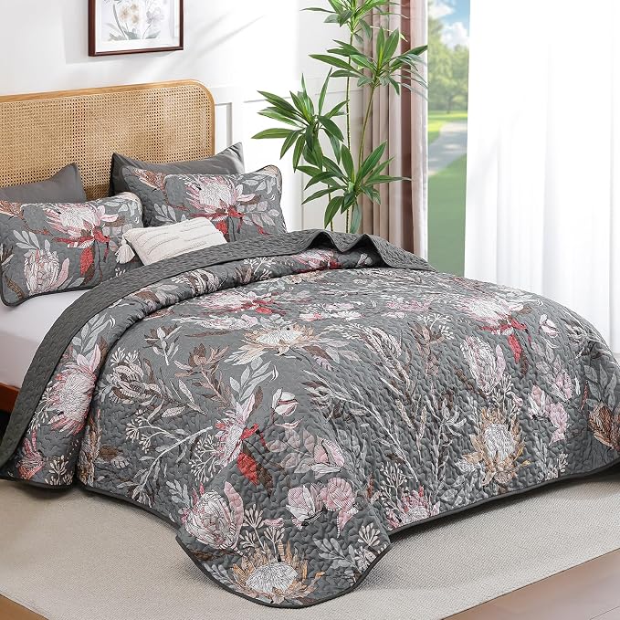Dintszyayue Quilt Queen Size Grey, Soft Microfiber Lightweight Farmhouse Bed - Image 2