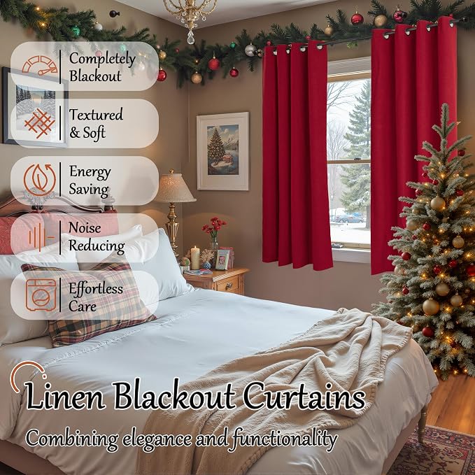 Red Linen Blackout Curtains for Bedroom - Image 2
