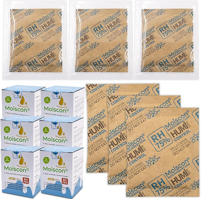 Wisesorb 90 Pack 75% RH Size 8 Two-Way Humidity Control Packs for Storing Up to 5 Items, 8 Gram Moisture Control Packets Individually Wrapped for Small Non-Plastic Travel Cases