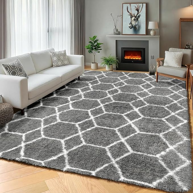 Large Area Rugs for Living Room, 7x10 Grey and White Rug, Moroccan Thick Floor - Image 6
