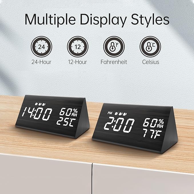 Digital Alarm Clock, with Wooden Electronic LED Time Display, 3 Alarm Settings, Humidity & Temperature Detect, Wood Made Electric Clocks for Bedroom, Bedside (Black)