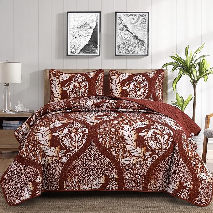 DJY Damask Quilt King Size, Boho Lightweight Bedding Set 3 Pcs, Burgundy | by HOME