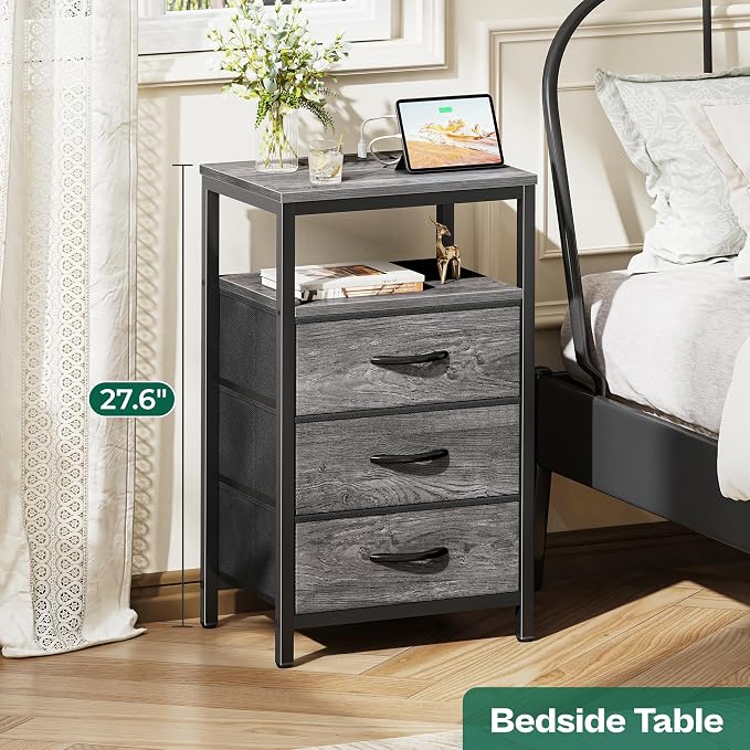 Huuger Nightstand with Charging Station, 27.6 Inch Bedside Table, Side Table | - Image 3