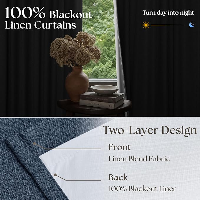 Navy Blue 84 Inch Pinch Pleated Blackout Textured Linen Curtains 2 Panels | - Image 5