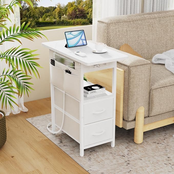 Yenlure Small Side Table with Charging Station, Narrow Nightstand Bedside - Image 7