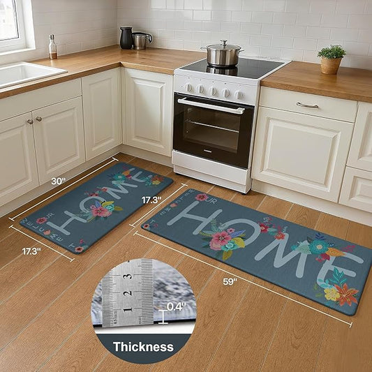 GENIMO Anti Fatigue Kitchen Mats for Floor, Non Slip Washable Home Theme Rugs Sets of 2, Farmhouse Cushioned Waterproof Comfort Runner Rug for Kitchen, Sink, Desk, Laundry, 17"x 59"+17"x 30", Blue