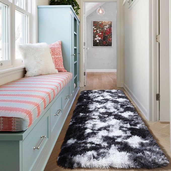 Runner Rugs for Bedroom Living Room, Fluffy Black and White 2x6 Bedside Hallway - Image 7