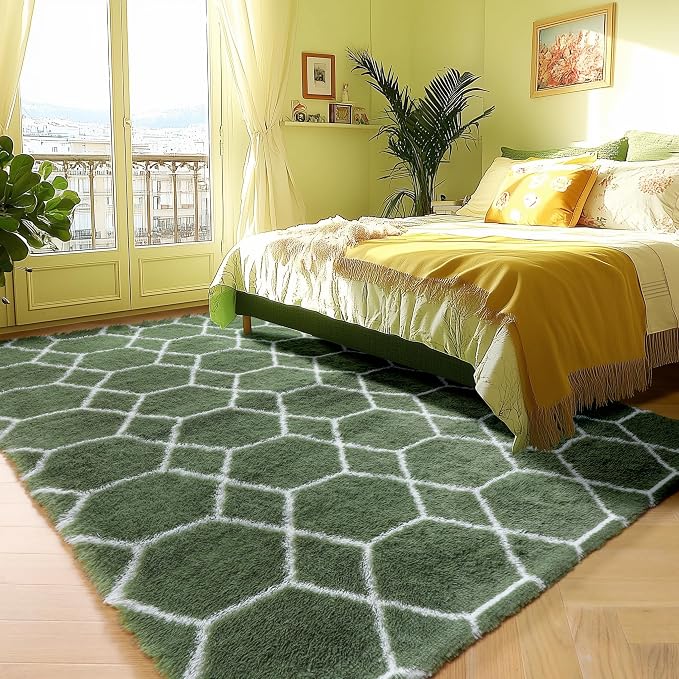 5x7 Area Rugs for Living Room Bedroom, Fluffy Olive Green and White Throw Rug - Image 5