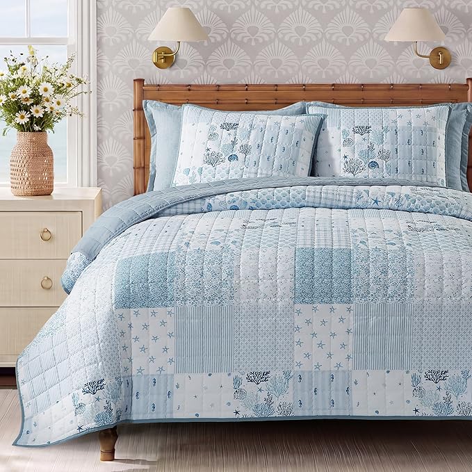 King Quilt Set-3 Pieces Soft Bedding Lightweight Floral Patchwork Coverlet | by BLOOMHAVEN