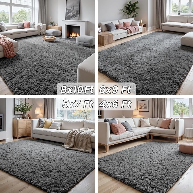 8x10 Fluffy Shag Area Rugs for Living Room Bedroom: Soft Plush Carpet Grey | - Image 8