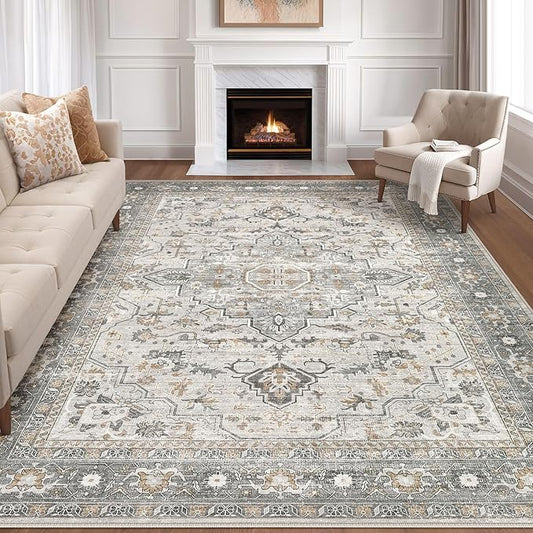 10x14 Area Rugs Living Room: Washable Boho Large Neutral Vintage Soft Rug Stain Resistant Distressed Farmhouse Non-Slip Indoor Floor Carpet for Bedroom Nursery Kids Office Dining Room- Taupe