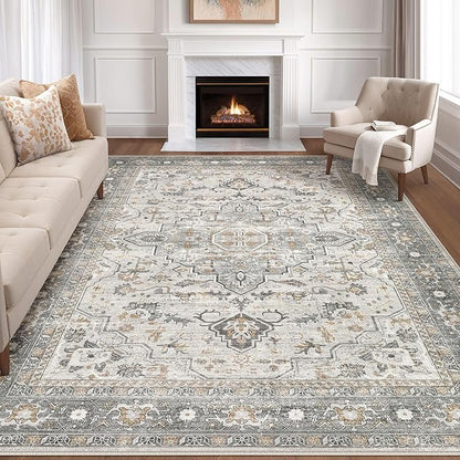 10x12 Area Rug Living Room: Washable Boho Large Neutral Vintage Soft Rugs Stain Resistant Distressed Farmhouse Non-Slip Indoor Floor Carpet for Bedroom Nursery Kids Office Dining Room- Taupe