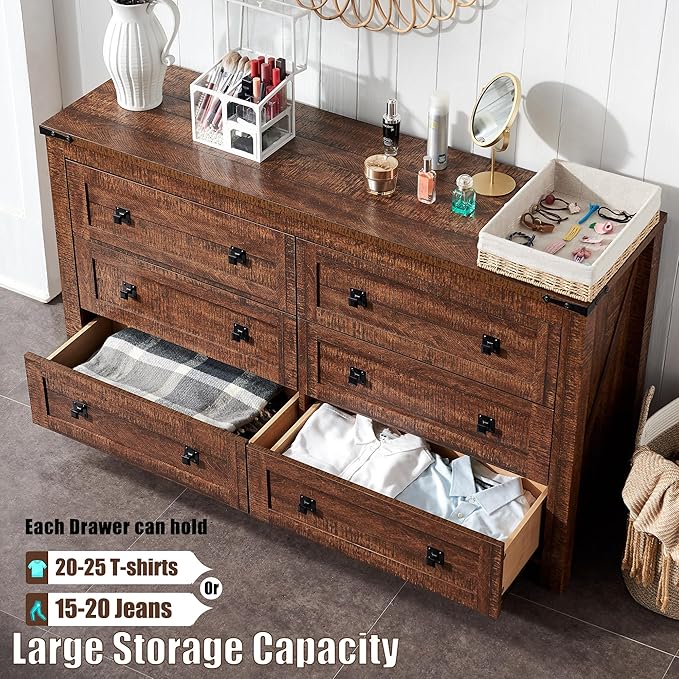 T4TREAM Farmhouse 6 Drawers Dresser for Bedroom, Wood Rustic Wide Chest of Drawers, Storage Dressers Organizer for Bedroom, Living Room, Hallway, Reclaimed Barnwood Color
