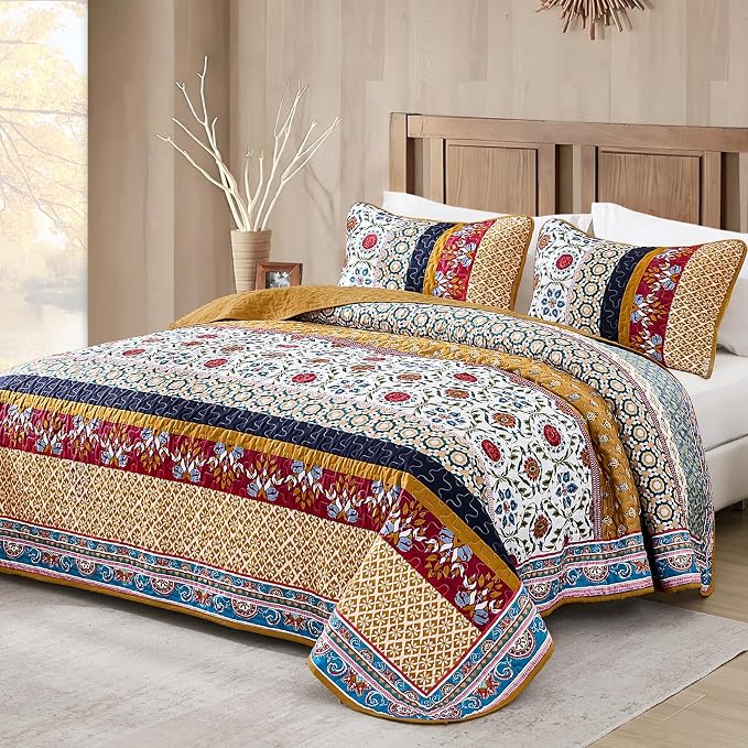 Yiran Boho Quilt Set King Size, Fall Tango Orange Patchwork Bedspreads | by Yiran