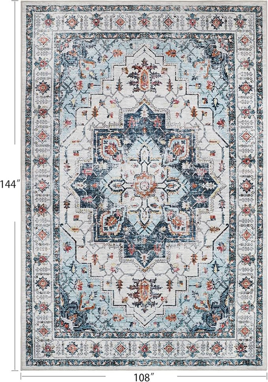zesthome Area Rugs 9x12, Washable Rug Non-Slip Low Pile Rugs for Living Room, Bedroom, Home Decor Vintage Large Area Rug (Blue,9'x12')