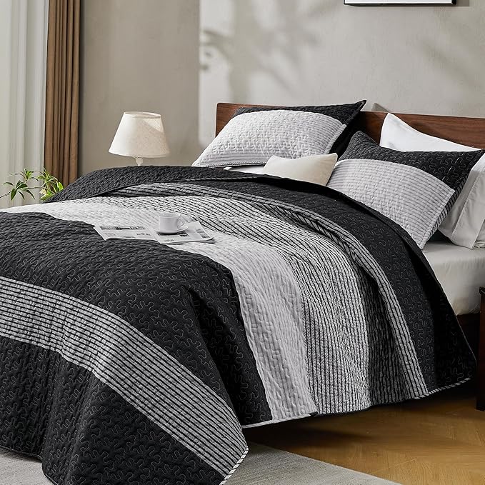Oversized King Quilt Set Black White, 3 Pieces Stripe Bedspread | 128x120 Inch by Andency
