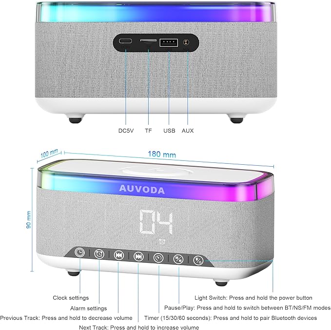 AUVODA S300 Portable Bluetooth Speaker with 15W Fast Wireless Charging, 13-Color Dimmable Night Light, White Noise, Alarm, FM Radio, 16W Stereo, BT5.3, TWS, for Home, Office, Bedroom (White)
