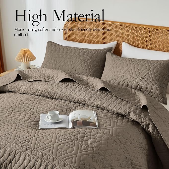 akkialla Full/Queen Size Quilt Bedding Set, Mocha Brown Lightweight Microfiber - Image 3