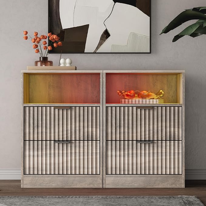 Fluted Nightstand Set of 2, LED Nightstand by WODEER