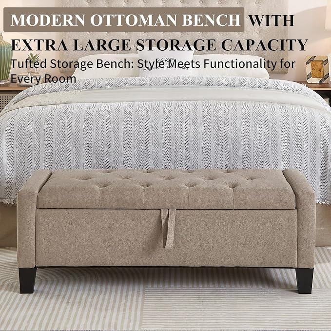 Modern Storage Ottoman Bench, Linen Upholstered End of Bed Bench - Image 3