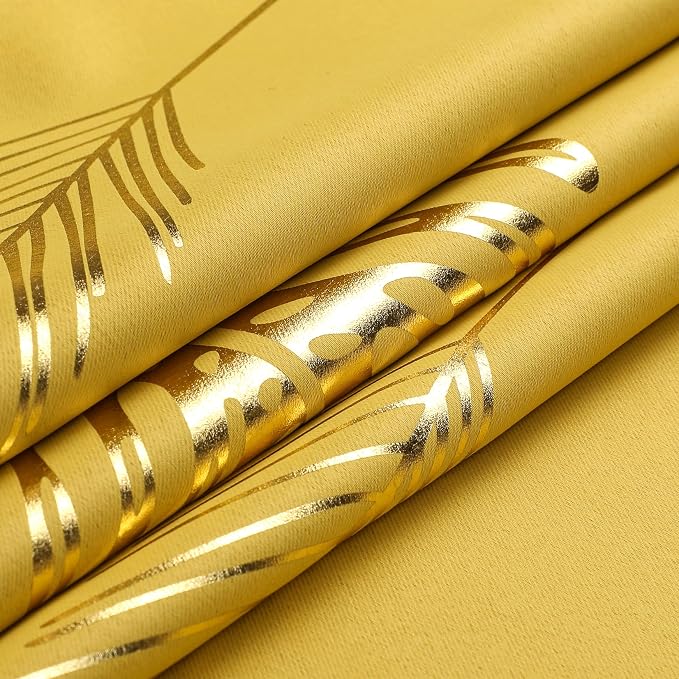 Yellow Blackout Curtains for Bedroom, Room Darkening Gold Palm Tree Pattern - Image 9