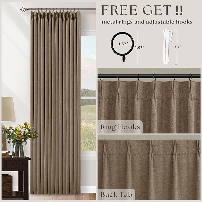Light Brown 100% Blackout Linen 100 Inch Bedroom Curtains 2 Panels, Latte | - Image 7