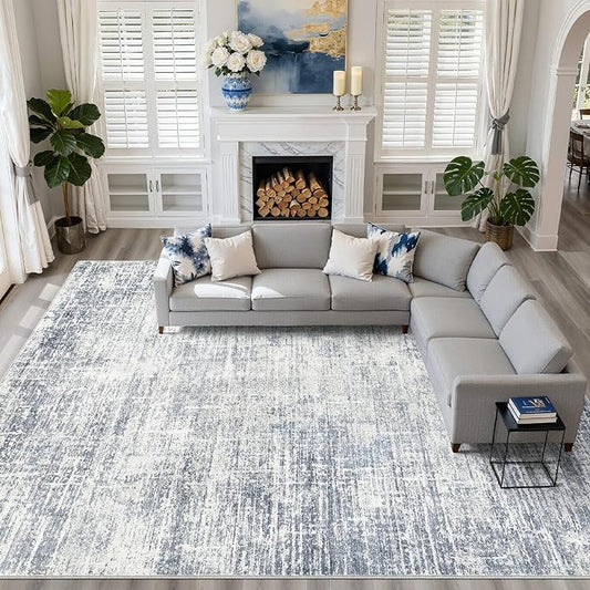 10x14 Area Rugs Living Room: Washable Large Neutral Blue Rug Abstract Soft Modern Stain Resistant Indoor Floor Non-Slip Carpet for Bedroom Nursery Kids Office Playroom Dining Room Under Table Home