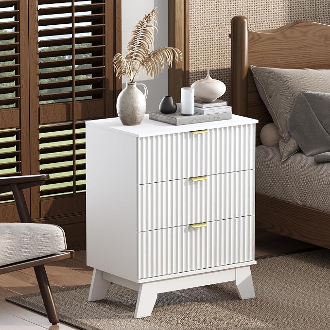 White Night Stand with 3 Drawers, Bedside Table & End Table, Farmhouse Night by WODEER