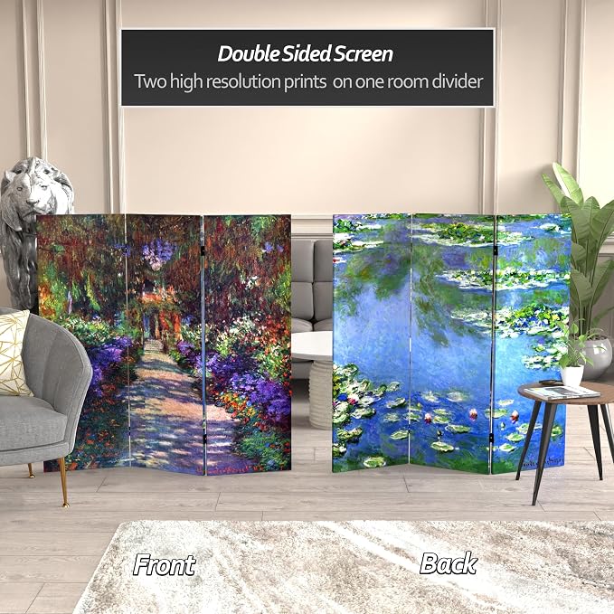 Red Lantern Double Sided Works of Monet Canvas Folding Screen - Image 2